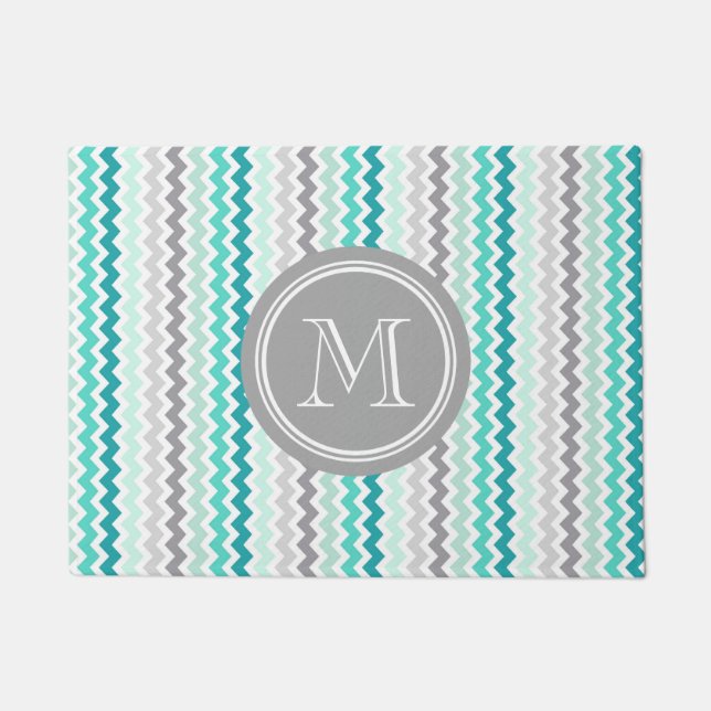 Teal Blue Grey Chevron Grey Monogram Doormat (Front)