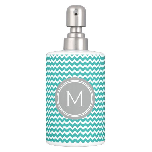 Teal Blue Grey Chevron Pattern Soap Dispenser & Toothbrush Holder (Front)