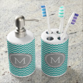 Teal Blue Grey Chevron Pattern Soap Dispenser & Toothbrush Holder (Front)