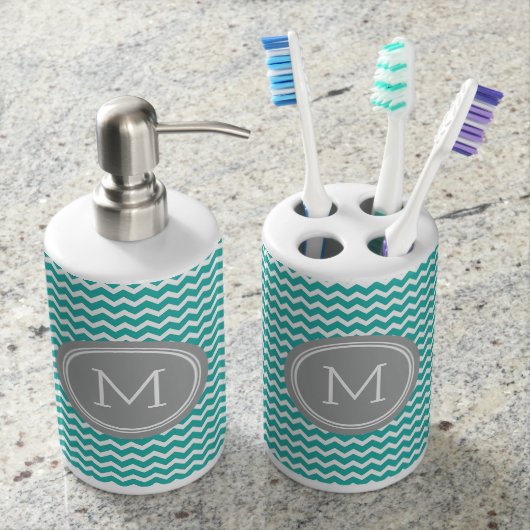 Teal Blue Grey Chevron Pattern Soap Dispenser & Toothbrush Holder (Front)