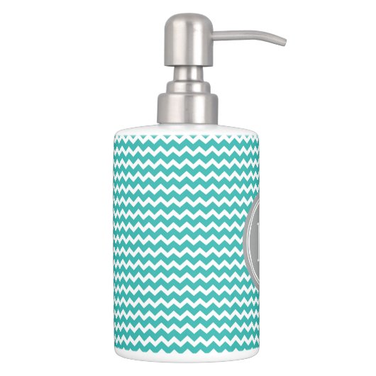 Teal Blue Grey Chevron Pattern Soap Dispenser & Toothbrush Holder (Right)