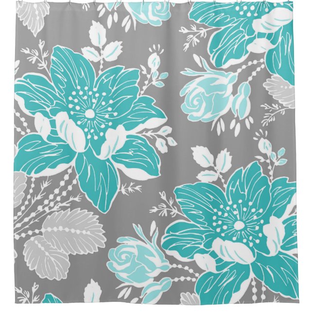 Teal Blue Grey Flowers Pattern Shower Curtain (Front)