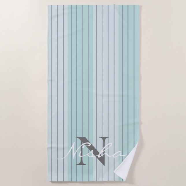 Teal Blue Grey Stripes Monogram Beach Towel (Front)