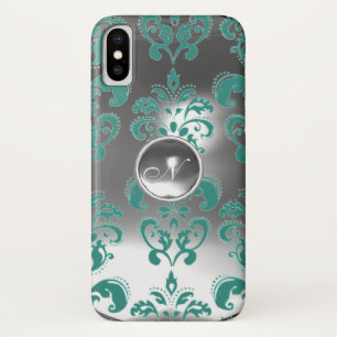 TEAL BLUE GREY WHITE DAMASK GEM MONOGRAM iPhone X CASE