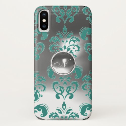 TEAL BLUE GREY WHITE DAMASK GEM MONOGRAM iPhone X CASE