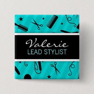 Teal Blue Hair Salon Name Badge Button