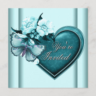 Teal Blue Heart Butterfly Teal Blue Party Invitation