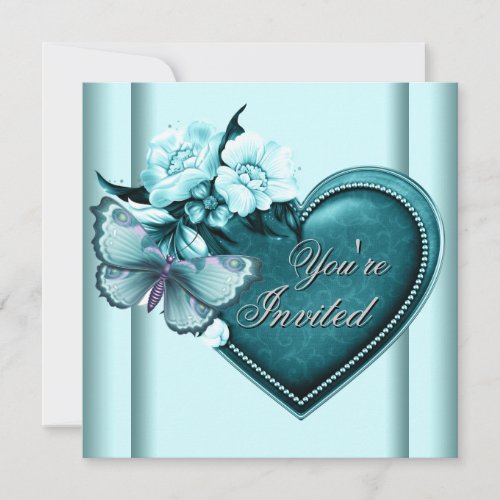 Teal Blue Heart Butterfly Teal Blue Party Personalized Invite