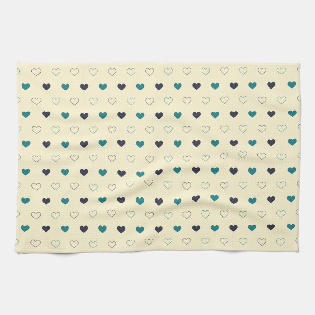 Teal & Blue Heart Pattern on Cream Background Kitchen Towel (Horizontal)