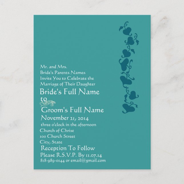 Teal Blue Hearts Wedding Invitation (Front)