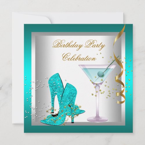 Teal Blue High Heel Shoes Gold Birthday Party Announcements