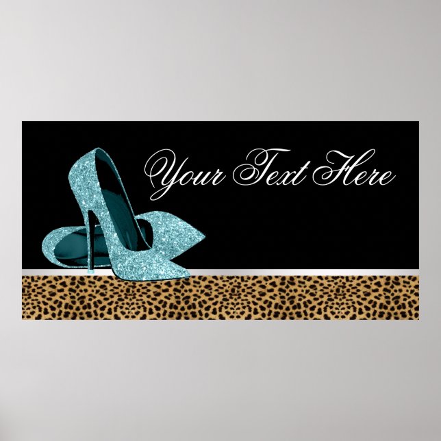 Teal Blue High Heel Shoes Leopard Party Banner Poster (Front)
