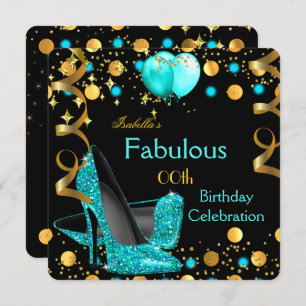 Teal Blue High Heels Gold Balloons Birthday Party Invitation