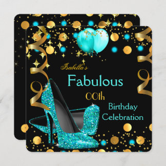 Teal Blue High Heels Gold Balloons Birthday Party Invitation