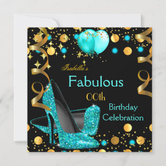 Teal Blue High Heels Gold Balloons Birthday Party Invitation