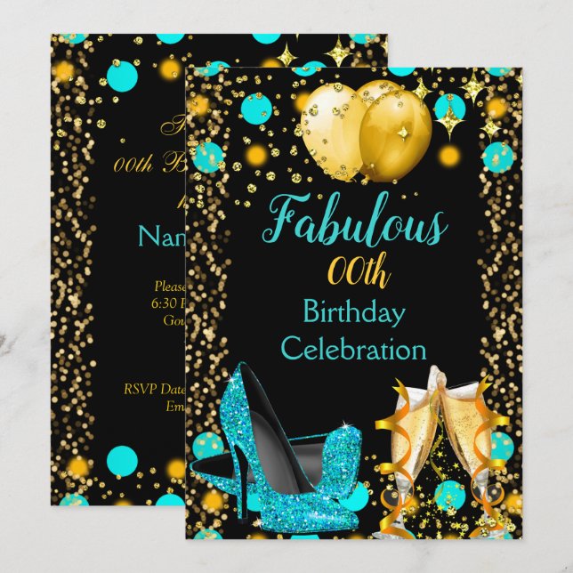 Teal blue High Heels Gold Balloons Champagne Party Invitation (Front/Back)