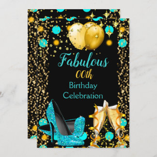 Teal blue High Heels Gold Balloons Champagne Party Invitation
