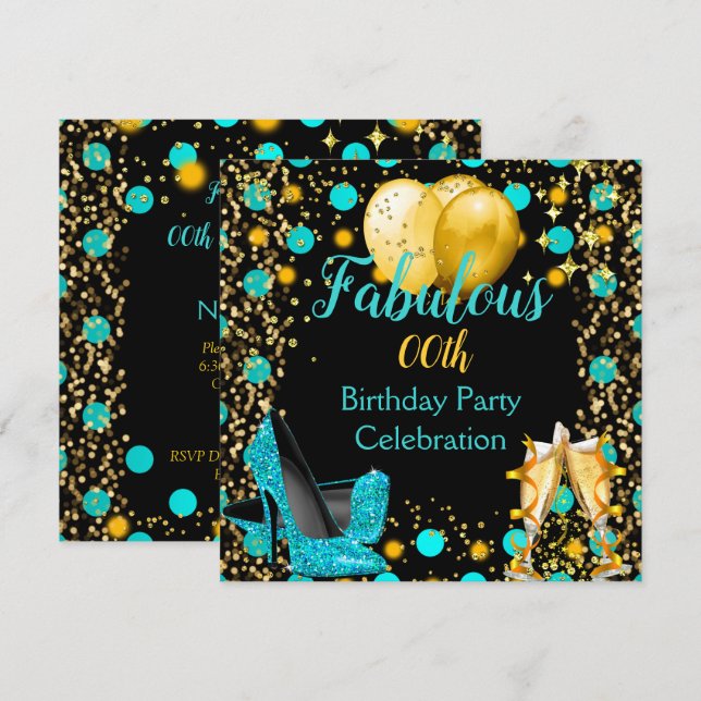 Teal blue High Heels Gold Balloons Champagne Party Invitation (Front/Back)