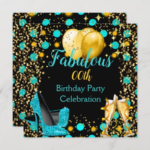 Teal blue High Heels Gold Balloons Champagne Party Invitation
