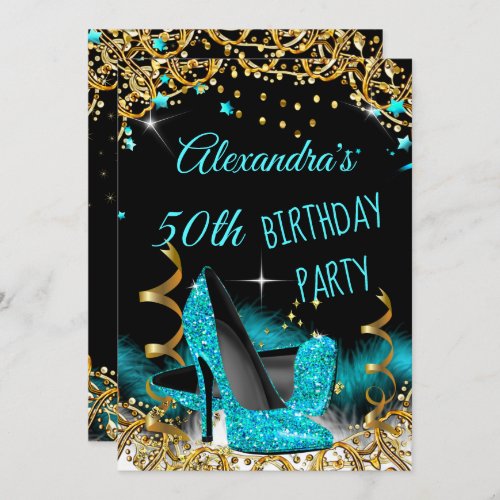 Teal Blue High Heels Gold Sparkle Birthday Party Invitation
