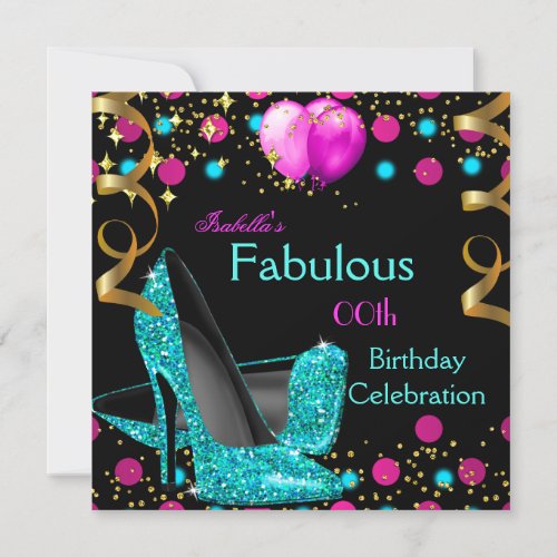 Teal Blue High Heels Shoes Hot Pink Birthday Party Invitation