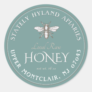 Teal Blue Honey Label White Vintage Bee Local