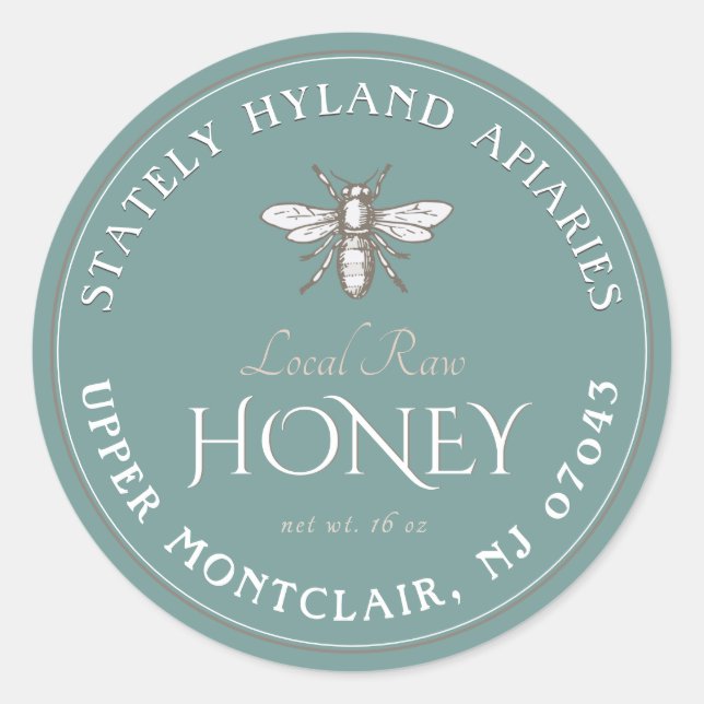 Teal Blue Honey Label White Vintage Bee Local (Front)