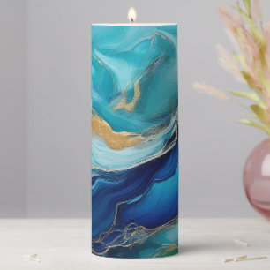 Teal Blue Horizons: An Abstract Ocean Pillar Candle