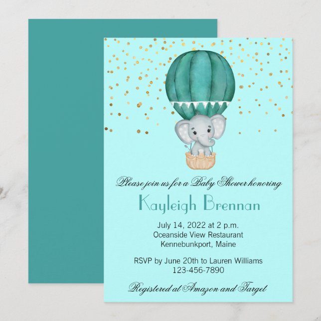Teal Blue Hot Air Balloon Baby Boy Elephant Shower Invitation (Front/Back)