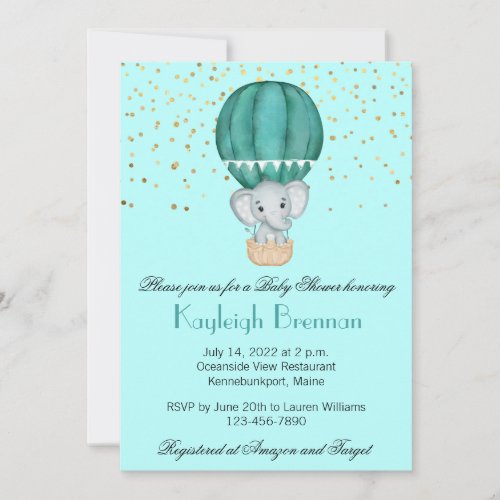 Teal Blue Hot Air Balloon Baby Boy Elephant Shower Invitation