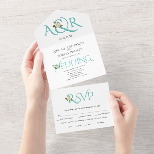 Teal blue initials and ampersand rose wedding all in one invitation