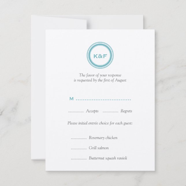 Teal blue initials wedding RSVP response card (Front)