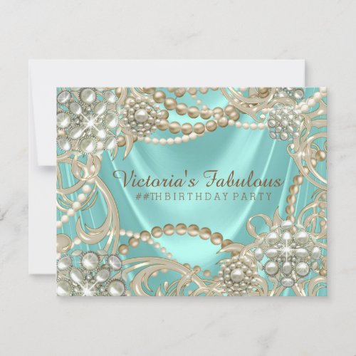 Teal Blue Ivory Pearl Birthday Party Invitation