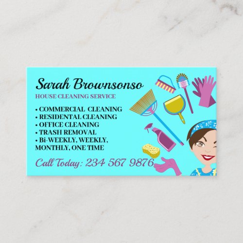 Teal Blue Janitorial Gloved Apron Maid Business Card