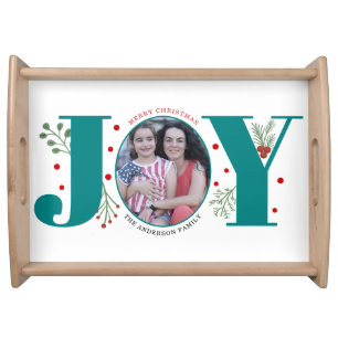Teal blue Joy and berries Christmas holiday photo Serving Tray