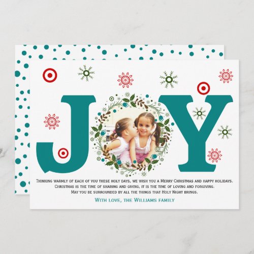 Teal blue Joy Christmas floral wreath photo Holiday Card