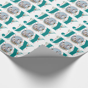 Teal blue JOY Merry Christmas holiday photo Wrapping Paper