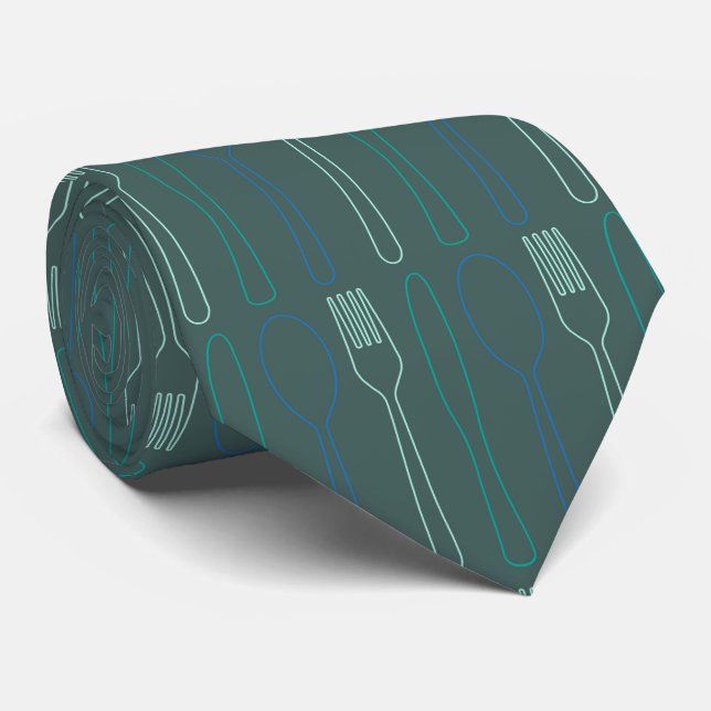 Teal Blue Knife Fork Spoon Patterned Chef Neck Tie (Rolled)