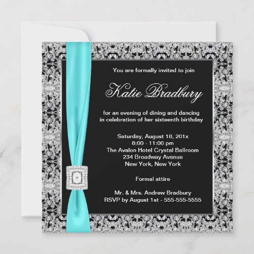 Teal Blue Lace Black Sweet Sixteen Party Custom Invitations