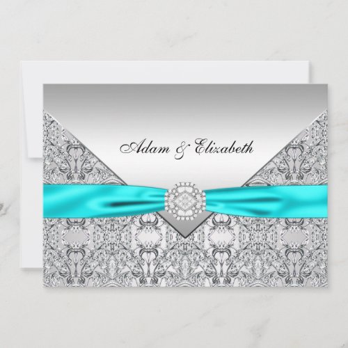 Teal Blue Lace Diamond Ribbon Wedding 5x7 Invitation