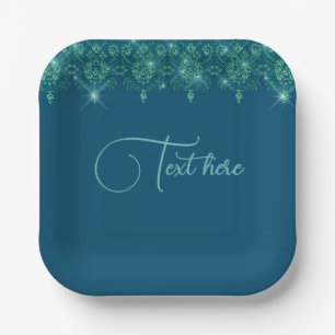 Teal blue lace elegant sparkle   paper plates