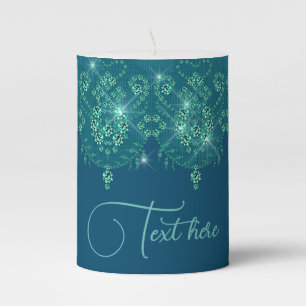 Teal blue lace elegant sparkle pillar candle