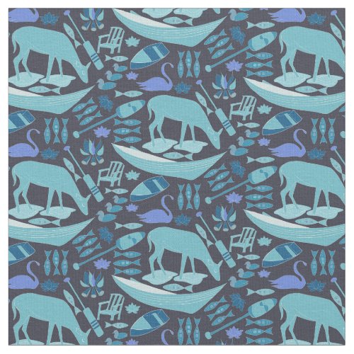 Teal blue lake side pattern deer swans boats fabric