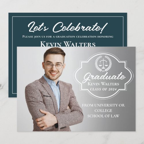 Teal Blue Law School Graduation Party Photo Card