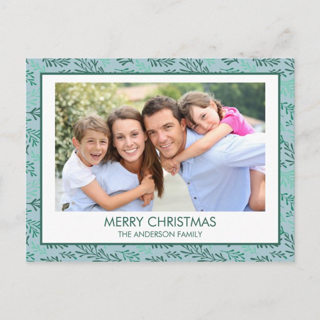 Teal Blue Leaf Pattern Simple Merry Christmas Holiday Postcard (Front)