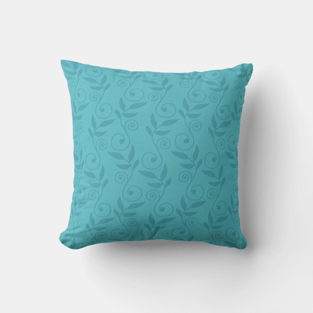Teal blue leaf swirl designer throw pillow (Front)