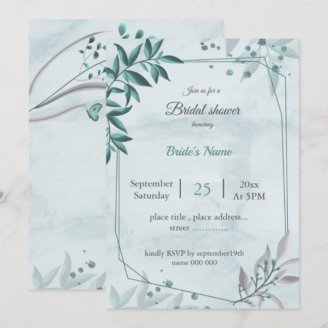 teal blue leaves floral geometric bridal shower invitation (Front/Back)