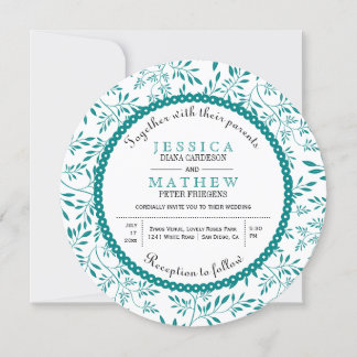Teal blue leaves pattern modern floral wedding invitation