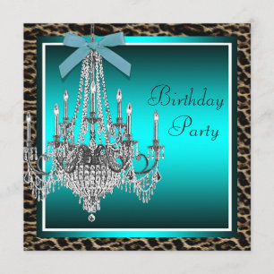 Teal Blue Leopard Chandelier Birthday Party Invitation