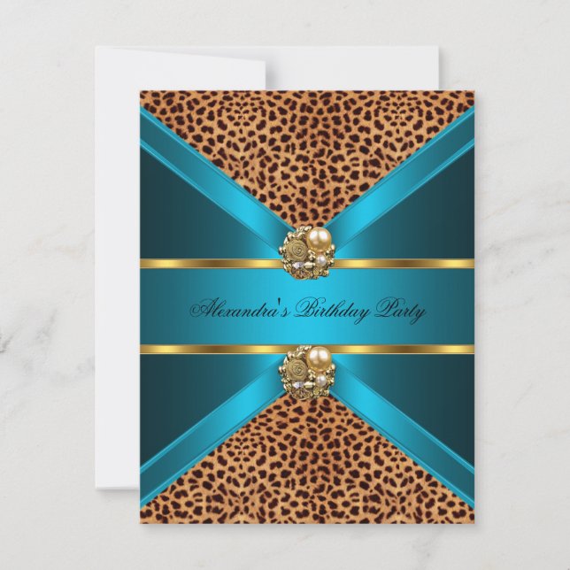 Teal Blue leopard gold Elegant Black Birthday Invitation (Front)